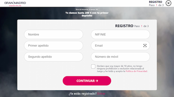 Formulario de registro Casino Gran Madrid