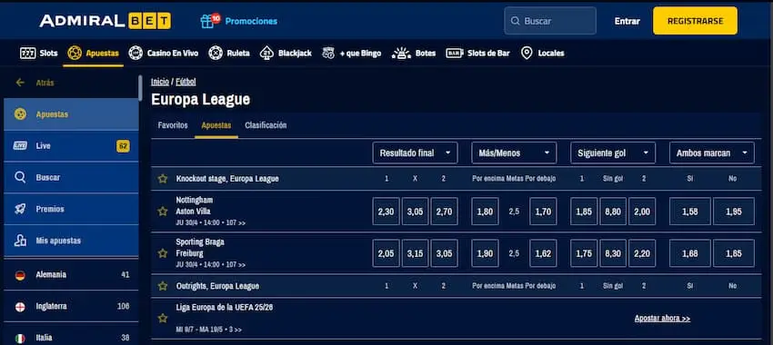 Apostar en la UEFA Europa League en AdmiralBet