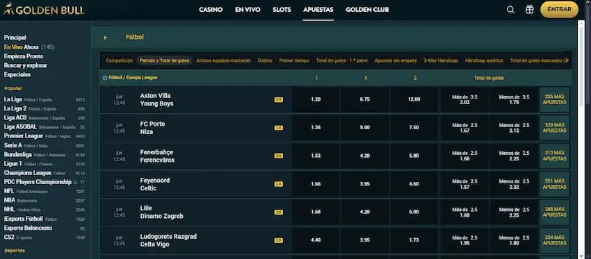 Apuesta en la Europa League en Golden bull