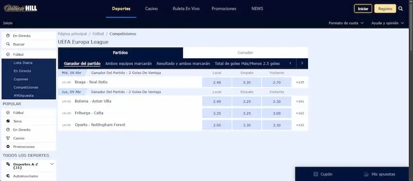 Apuestas en la UEFA Europa League en William Hill