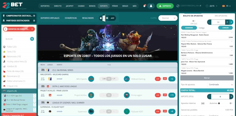22Bet sección de Esports