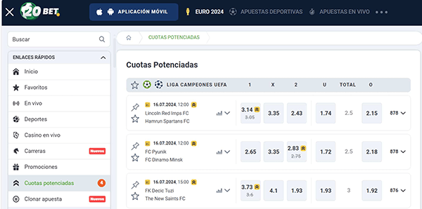20Bet Cuotas potenciadas