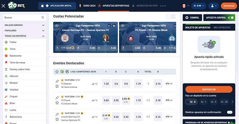 20Bet Vista general deportes