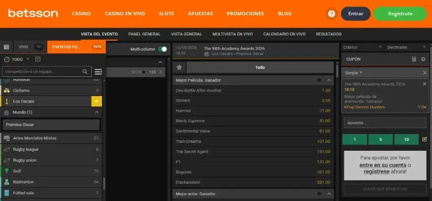 Betsson - Apuestas Oscars 2026