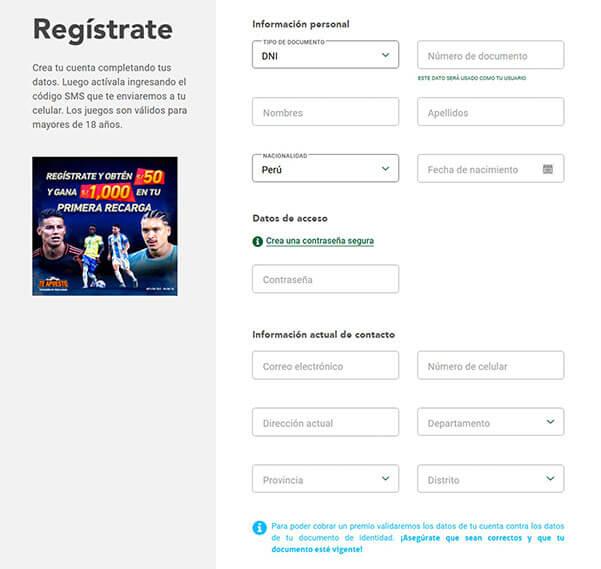 Te Apuesto formulario de registro