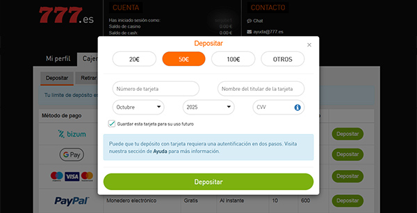 Casino777 Métodos de pago