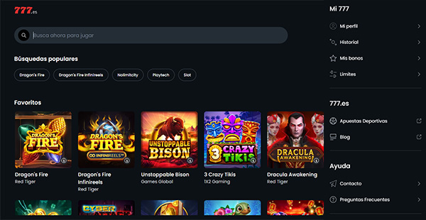 Interfaz de Casino 777