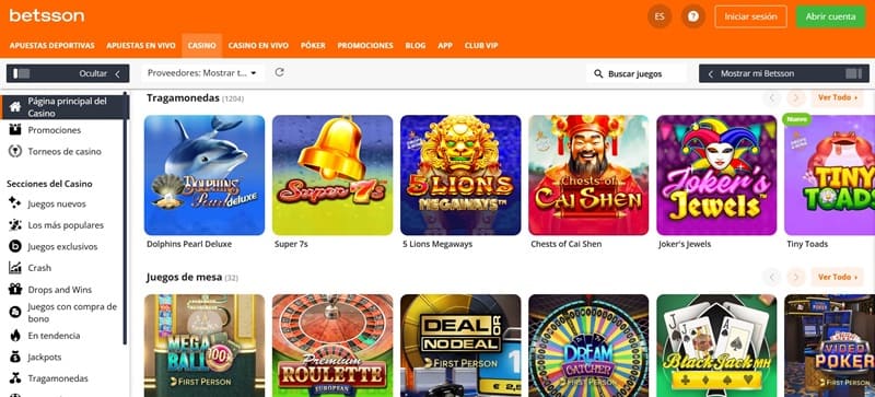 Juegos de casino en Betsson Peru