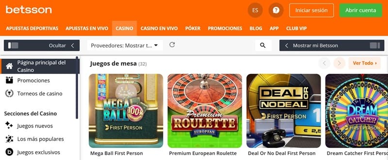 Juegos de mesa en Betsson Casino Peru