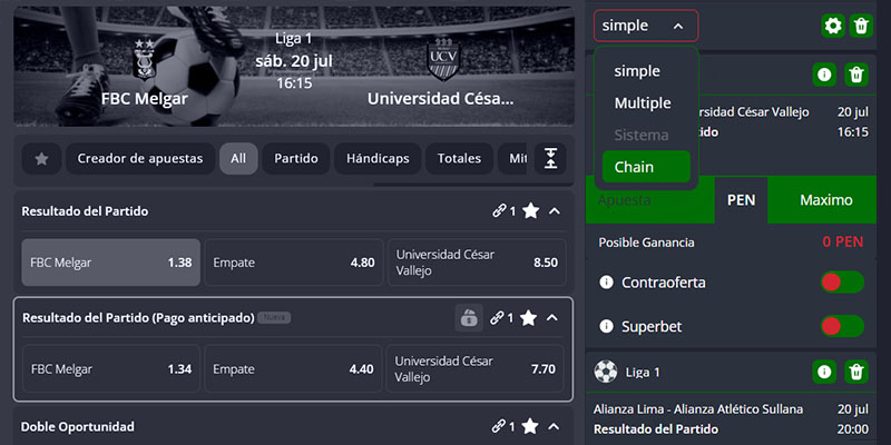 Opciones del Boleto de Apuestas Pentagol