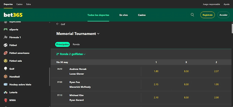 Mejores Casas de Apuestas para Apostar en Golf: Bet365