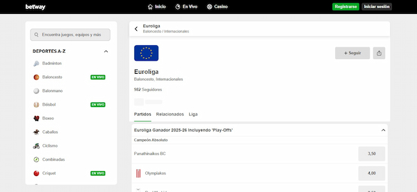 Betway - Euroliga en casas de apuestas de España 2025