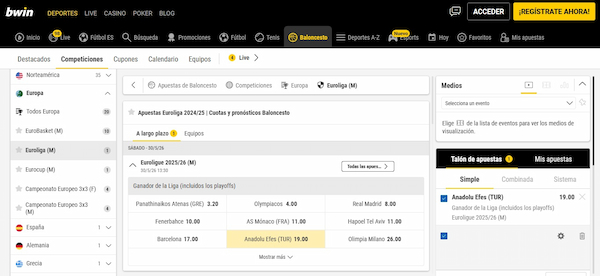 Bwin - Euroliga en casas de apuestas de España 2025