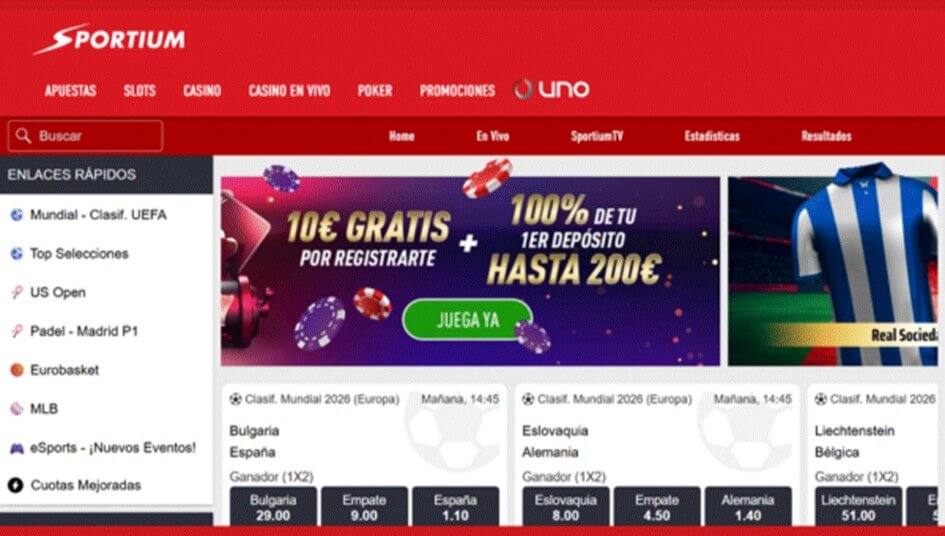 Mejores casas de apuestas con bono de 10€ sin depósito: Sportium