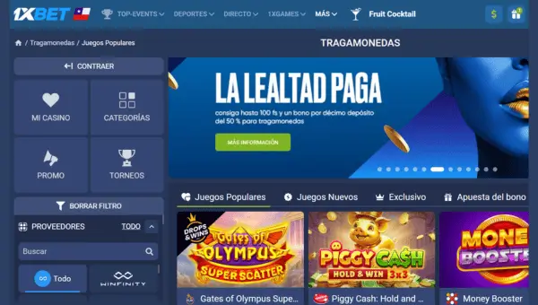 Página principal del 1xbet casino Perú