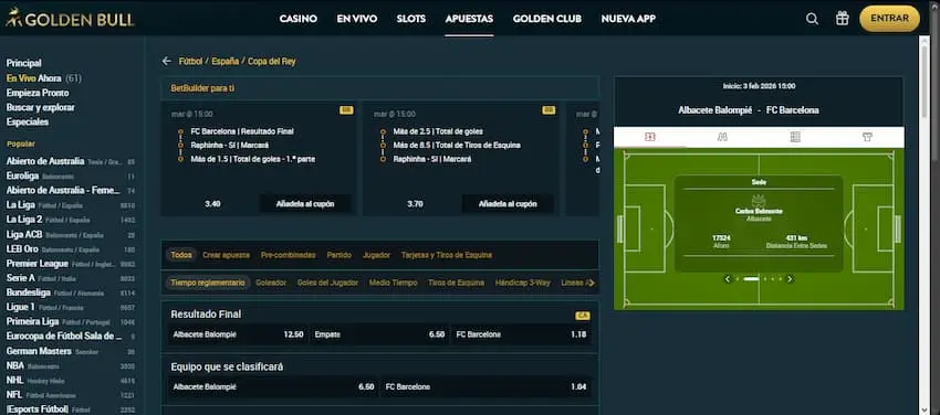 Apostar en el Albacete vs Barcelona en GoldenBull