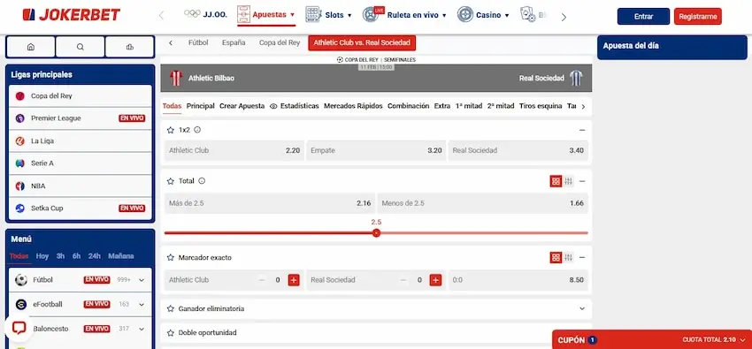 Cuotas del juego entre Athletic Club vs Real Sociedad en Jokerbet