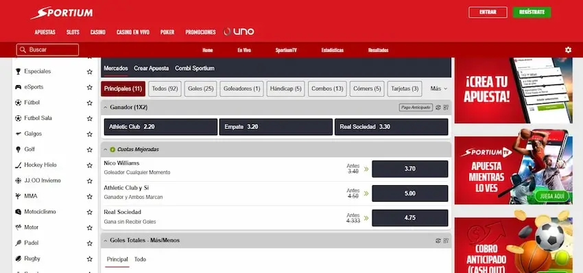 Cuotas del juego entre Athletic Club vs Real Sociedad en Sportium