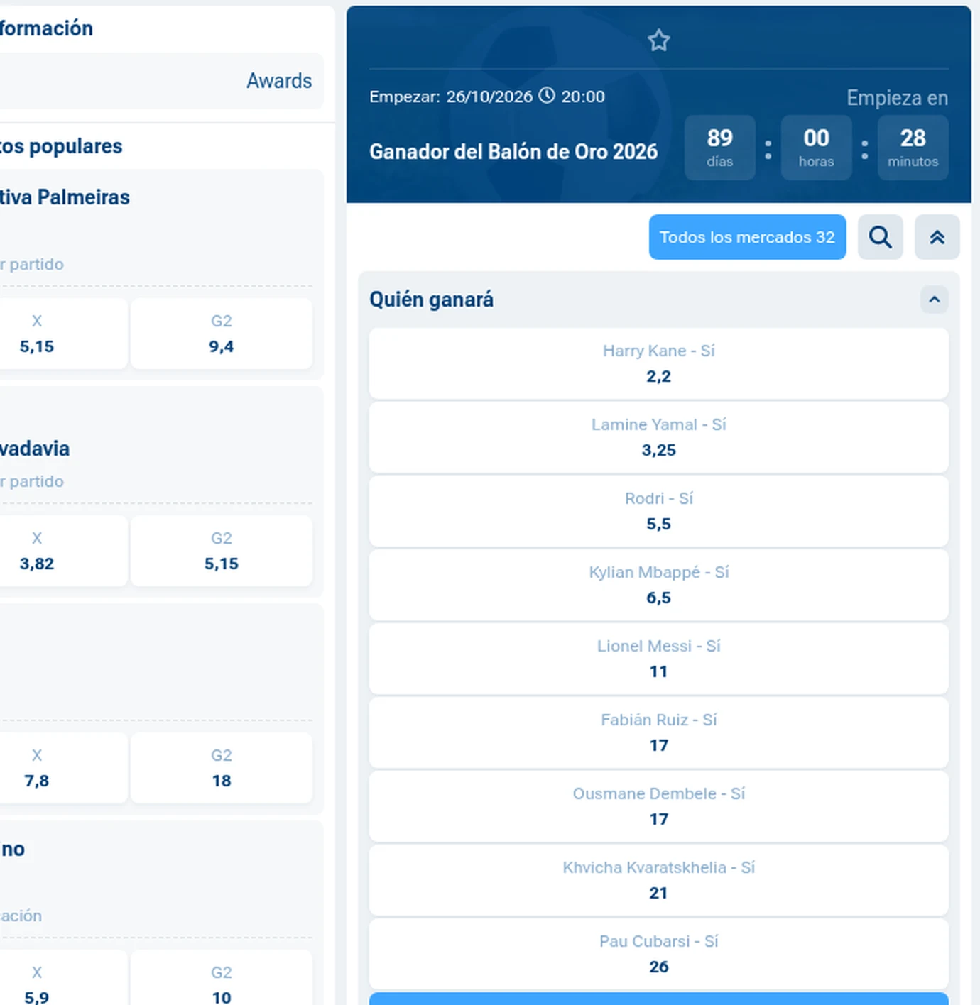 Mercado de ganador del Balón de Oro 2026 en 1xBet, con Kane, Yamal y Rodri como favoritos
