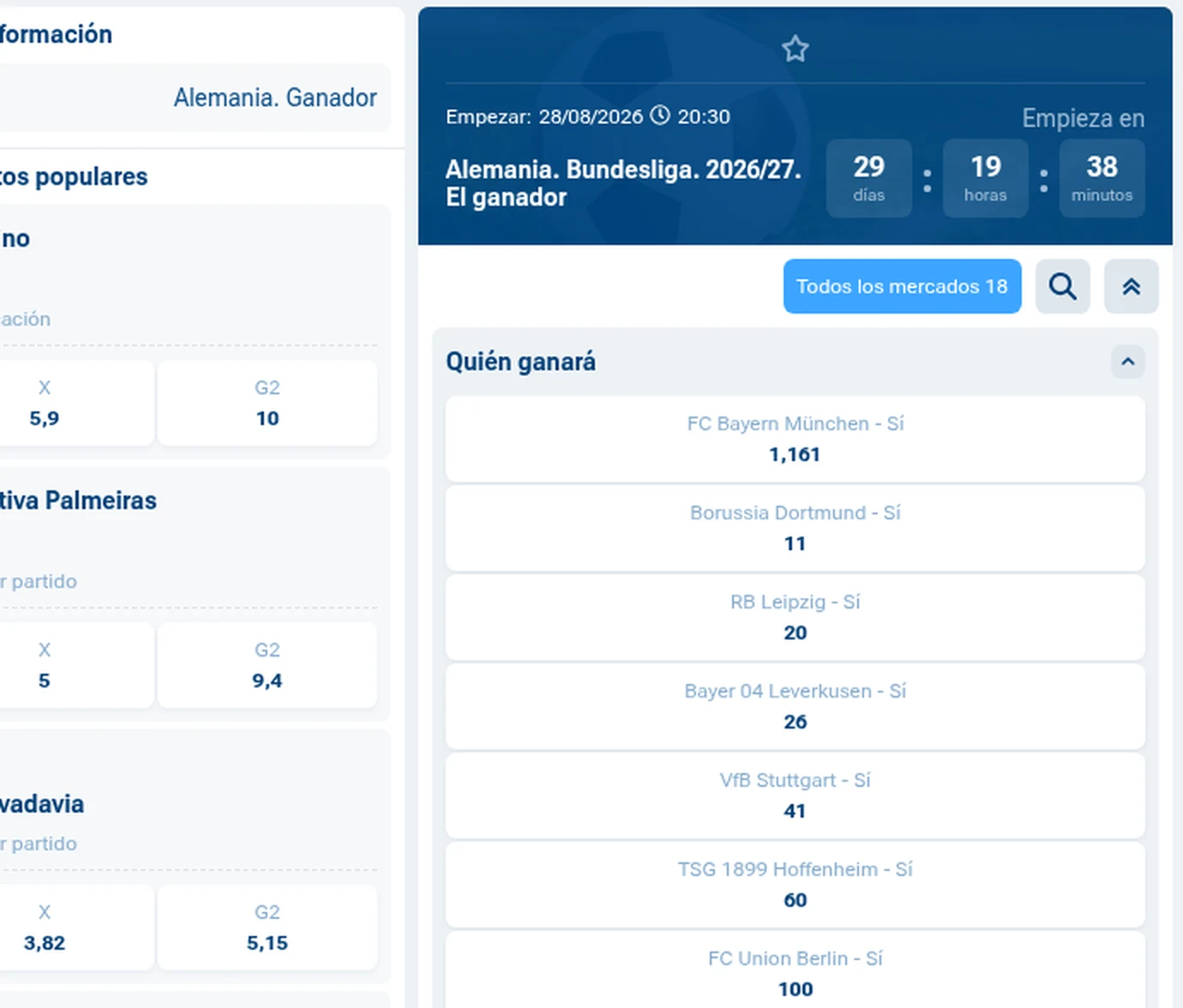 Mercado de campeón de la Bundesliga 2026/27 en 1xBet