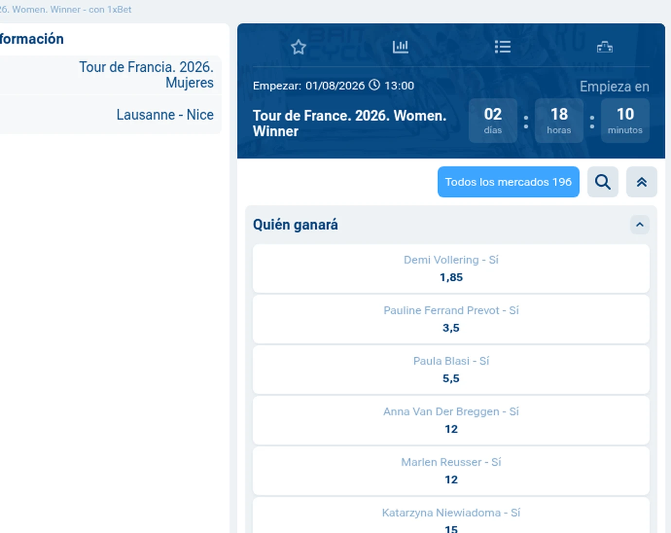 Mercado de ganadora del Tour de Francia Femenino 2026 en 1xBet