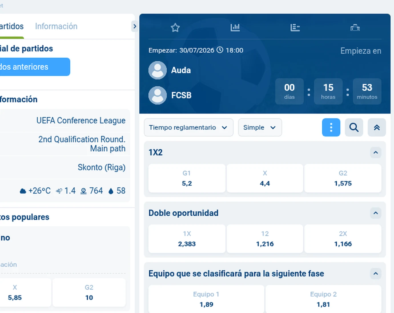 Cuotas del Auda - FCSB de la Conference League en 1xBet