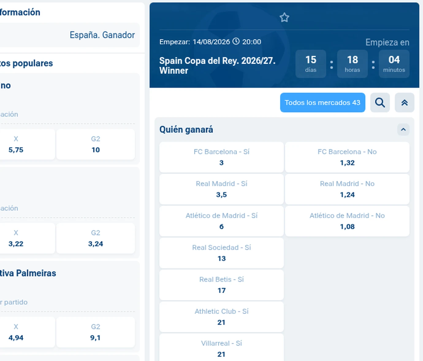 Mercado de campeón de la Copa del Rey 2026/27 en 1xBet