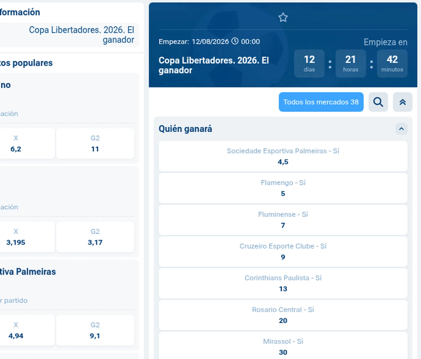 Mercado de campeón de la Copa Libertadores 2026 en 1xBet