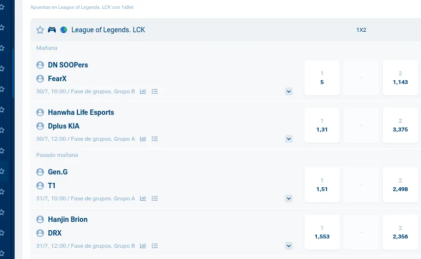 Cuotas de la LCK de League of Legends en 1xBet