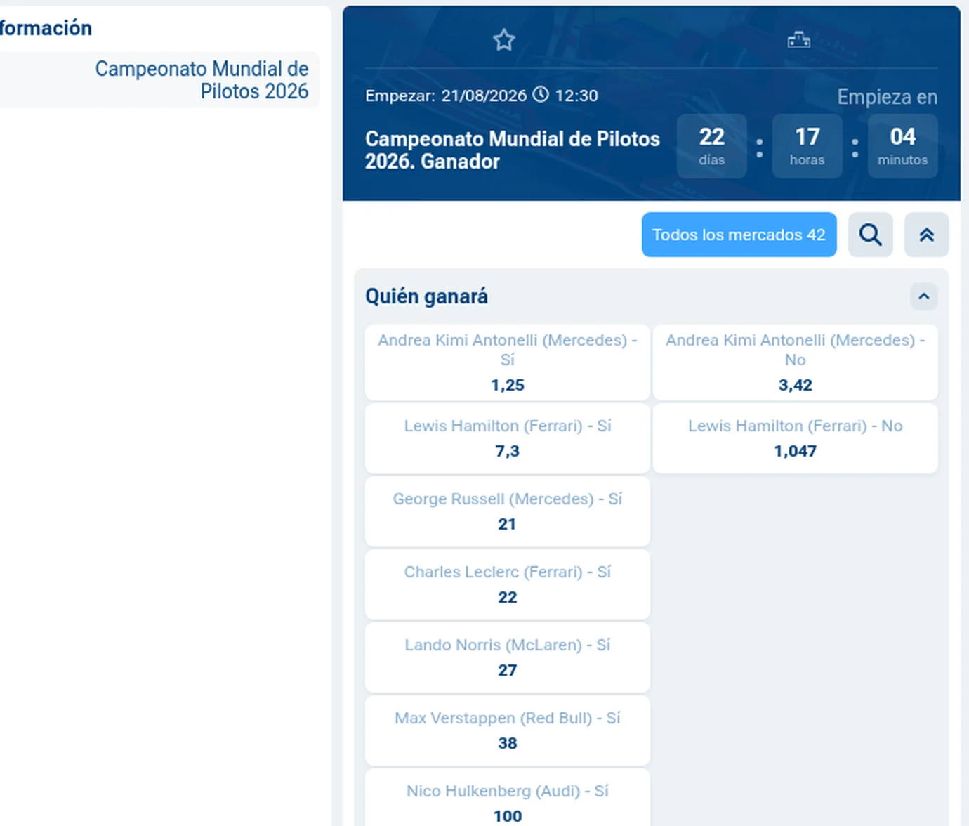 Mercado de ganador del Mundial de Pilotos de F1 2026 en 1xBet