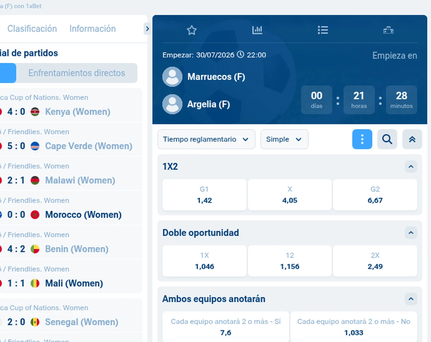 Cuotas de la Copa Africana de Naciones femenina 2026 en 1xBet