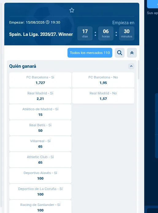 Mercado Quién ganará LaLiga 2026/27 en 1xBet