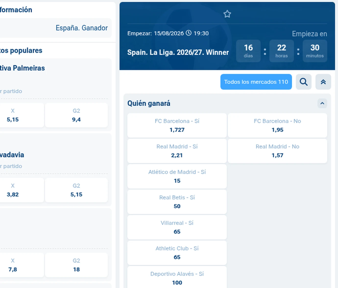 Mercado de campeón de LaLiga 2026/27 en 1xBet