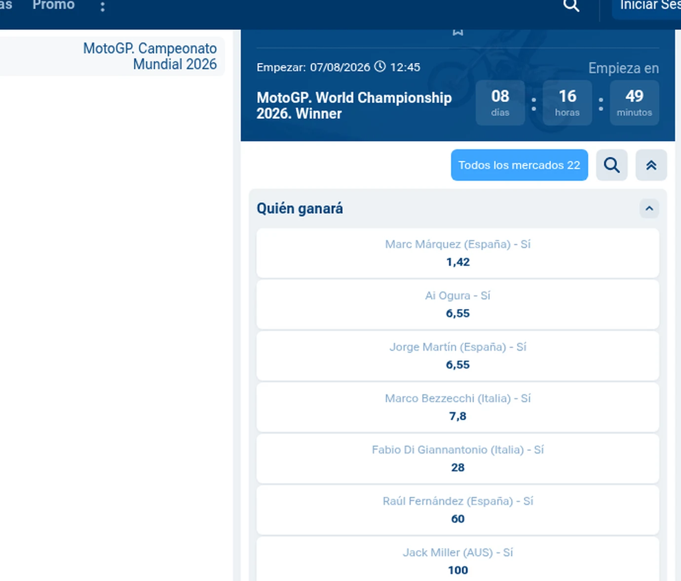 Mercado de campeón del Mundial de MotoGP 2026 en 1xBet