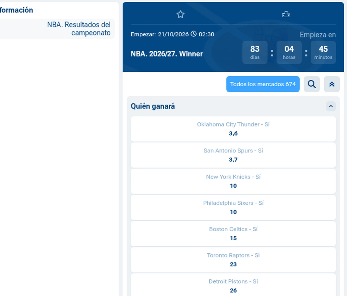 Mercado de campeón de la NBA 2026/27 en 1xBet