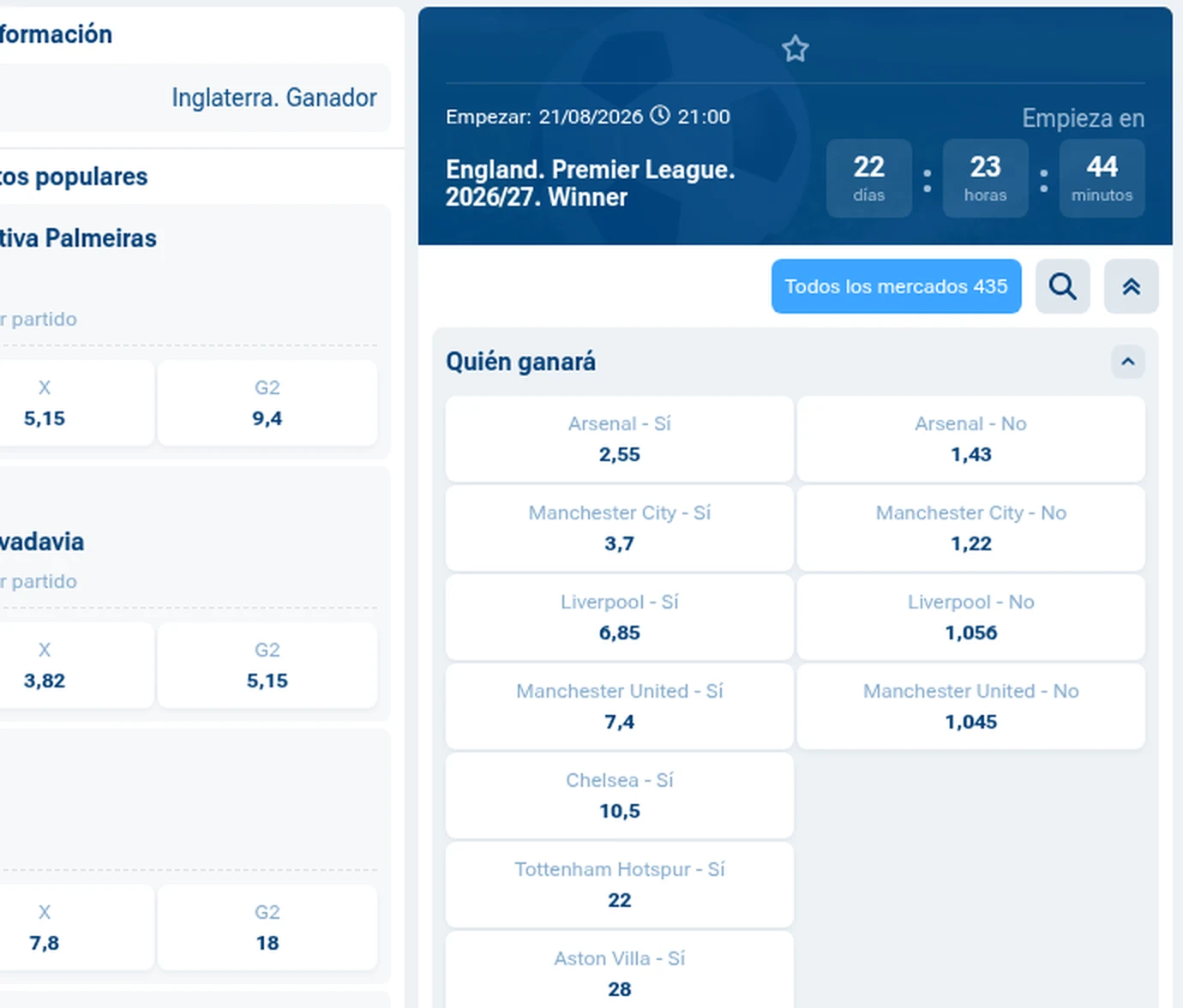 Mercado de campeón de la Premier League 2026/27 en 1xBet