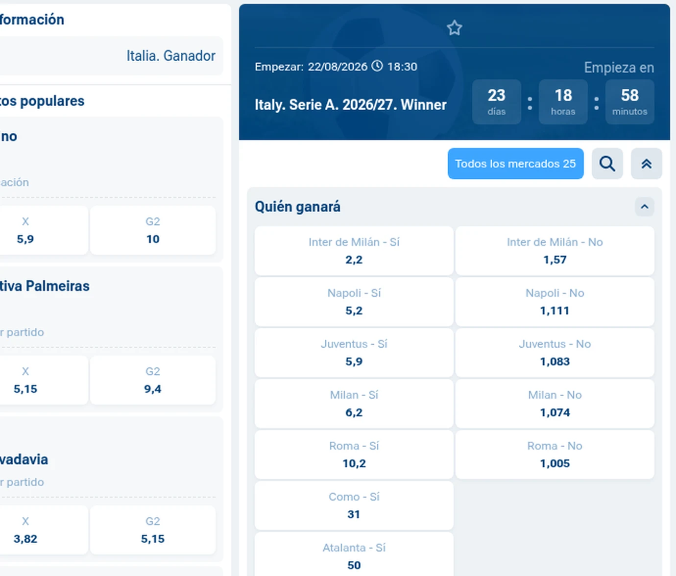 Mercado de campeón de la Serie A 2026/27 en 1xBet