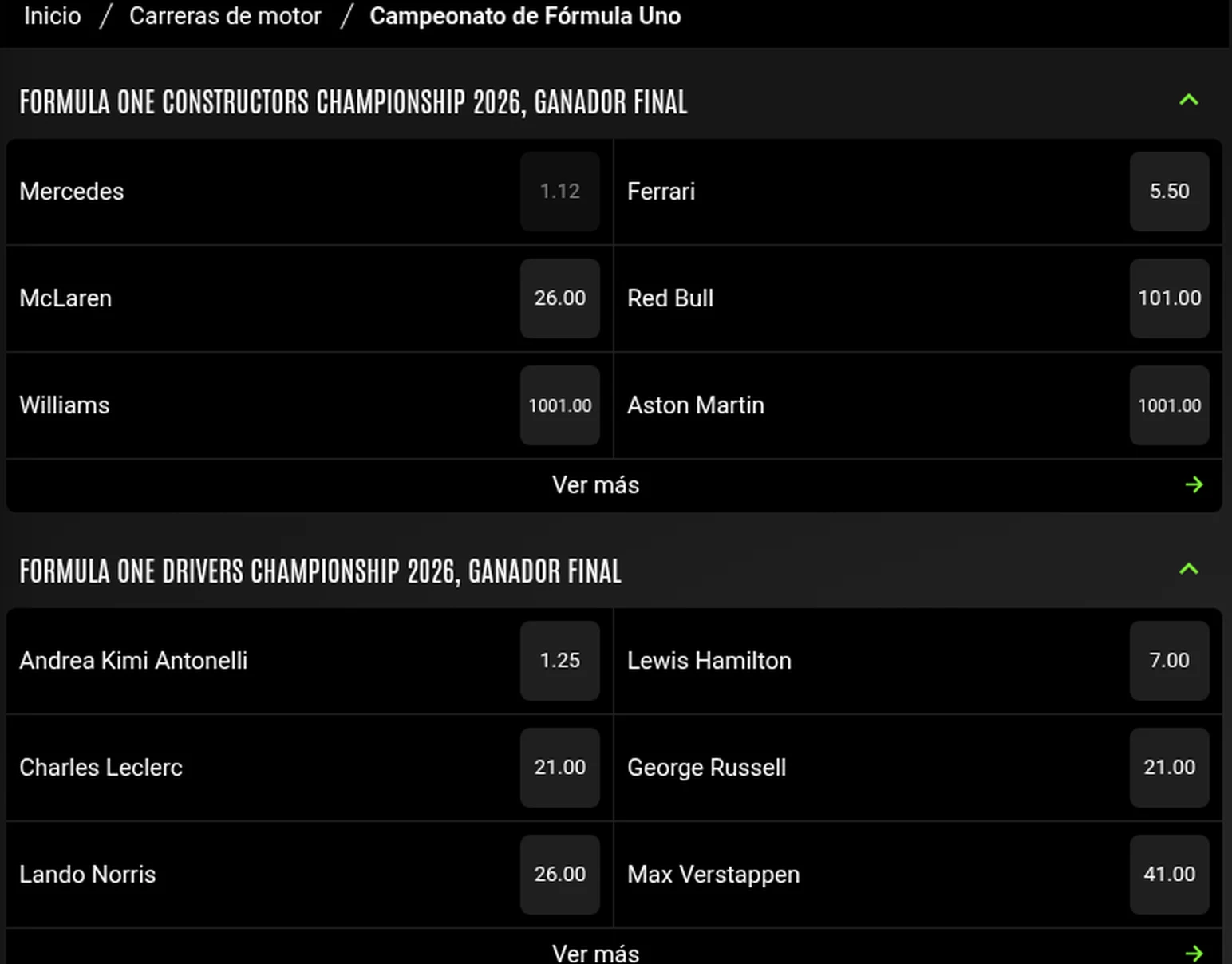 Cuotas del Mundial de Constructores y Pilotos de F1 2026 en 888sport