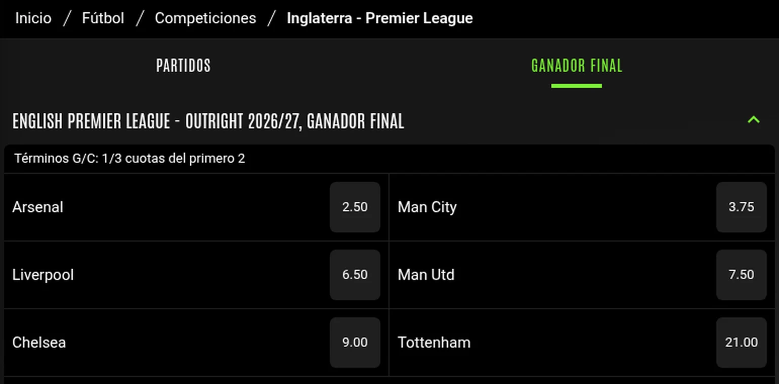 Cuotas al ganador de la Premier League 2026/27 en 888sport con términos each-way