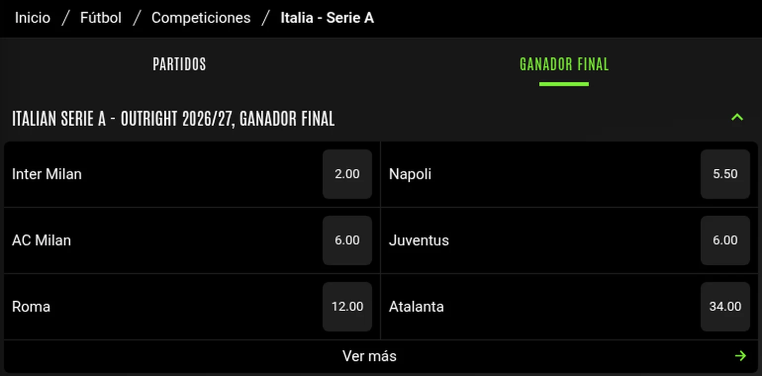 Cuotas al ganador de la Serie A 2026/27 en 888sport