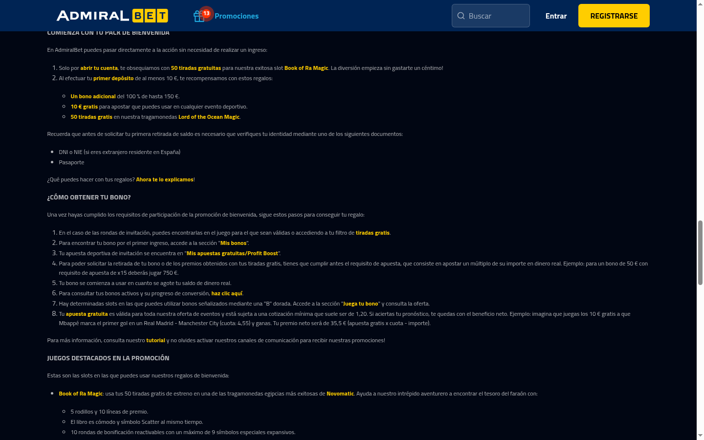 AdmiralBet: 50 tiradas gratis en Book of Ra Magic sin depósito por registro en la web oficial