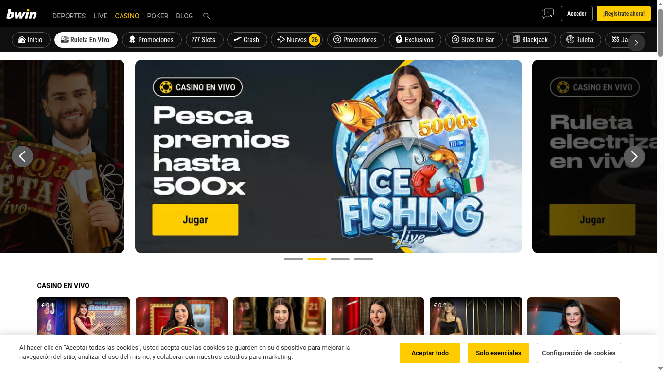 Sección de casino en vivo de Bwin
