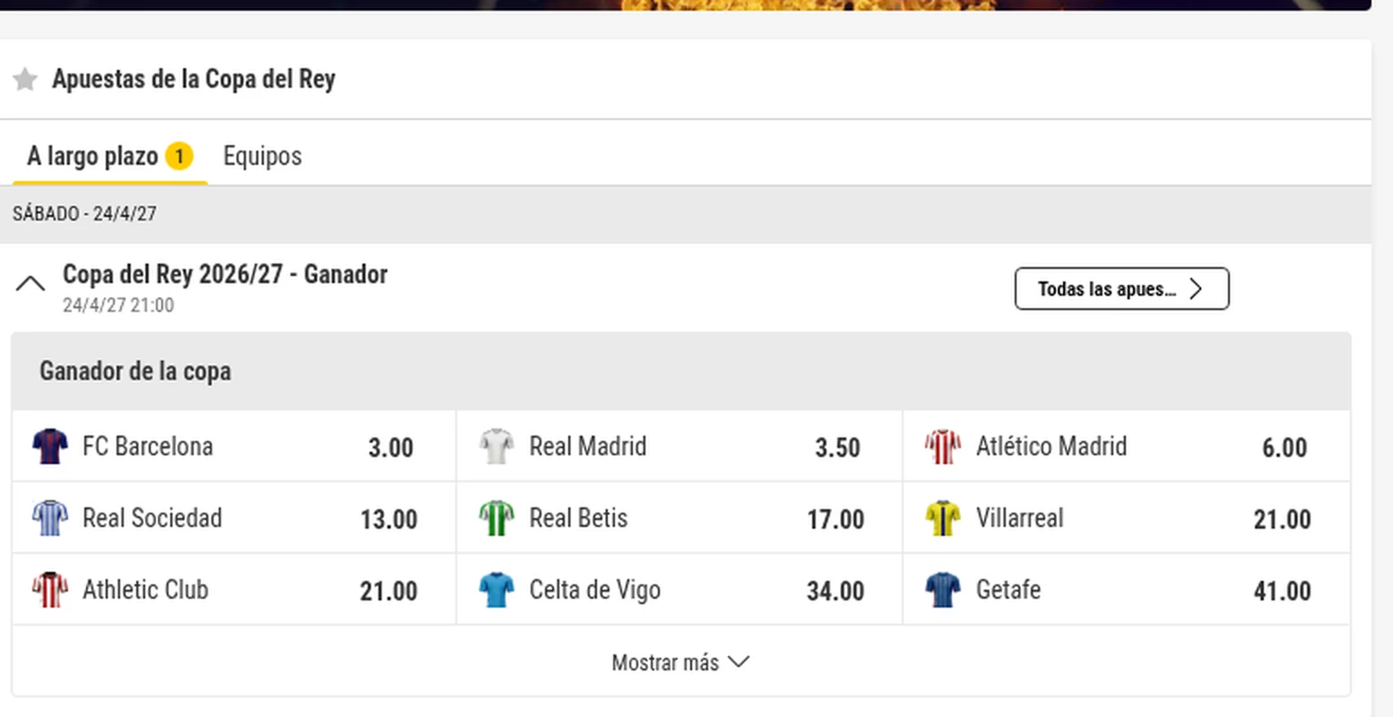 Cuotas al ganador de la Copa del Rey 2026/27 en bwin