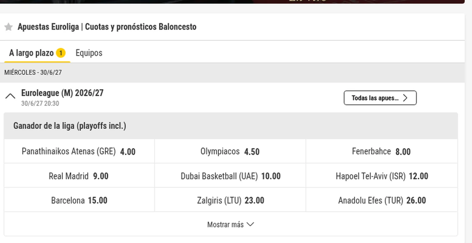 Cuotas al ganador de la Euroliga 2026/27 en bwin