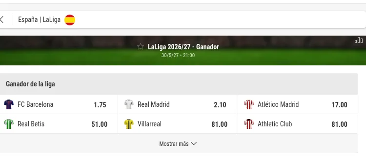 Cuotas al ganador de LaLiga 2026/27 en bwin