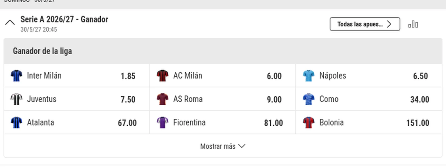 Cuotas al ganador de la Serie A 2026/27 en bwin