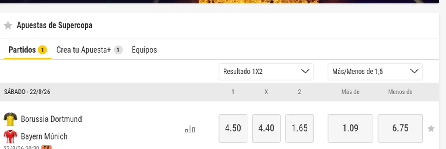 Cuotas del Borussia Dortmund - Bayern de la Supercopa de Alemania en bwin
