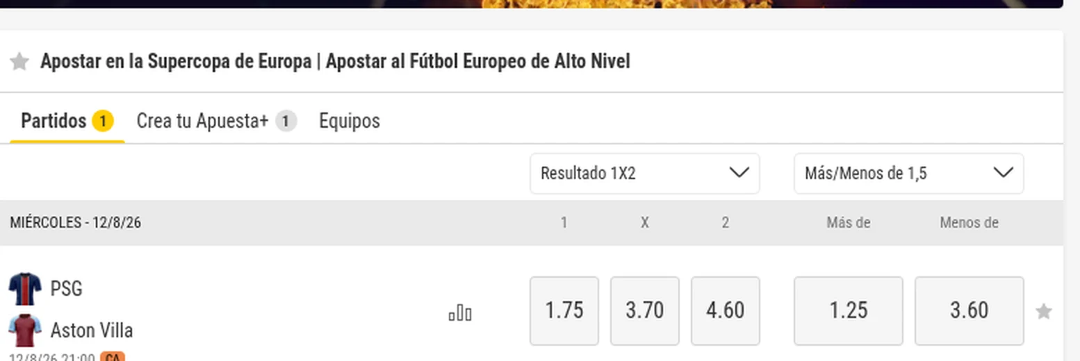 Cuotas del PSG - Aston Villa de la Supercopa de la UEFA 2026 en bwin