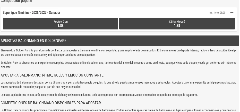 Sección de apuestas de balonmano en GoldenPark