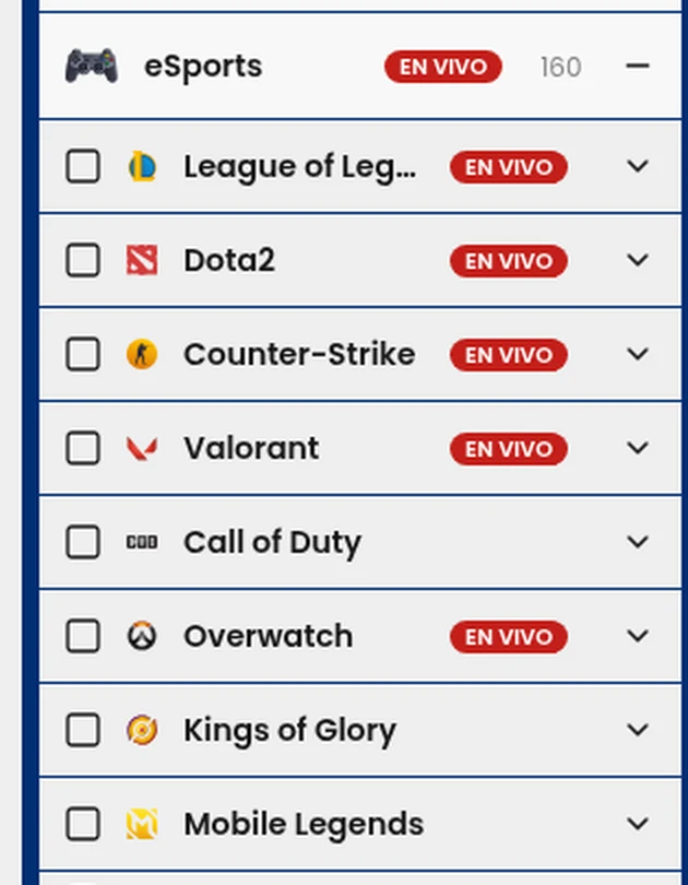 Menú de eSports de JOKERBET con los títulos disponibles: LoL, Dota 2, Counter-Strike, Valorant y más
